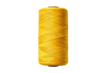 A bright, solid yellow spool of thread, tightly wound, presented in a studio shot against a transparent background