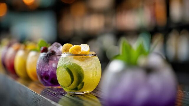 A row of colorful cocktails in round glasses with fruit garnishes lined up on a bar.