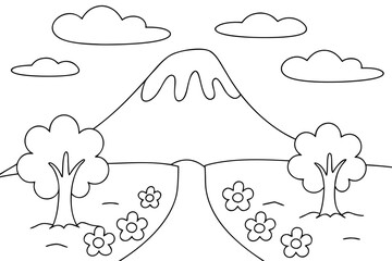 Coloring page illustration of a mountain landscape with trees, flowers, and clouds outline drawing