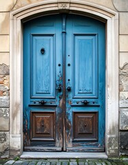 Aged blue door on a stone building