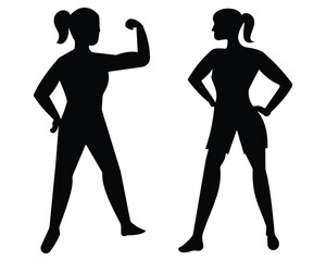 Female bodybuilder vector icon, Silhouette of  woman. Body building icon. Woman standing physical workout vector illustration.