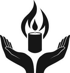 Black silhouette of a lit candle with flame held by cupped hands fire light
