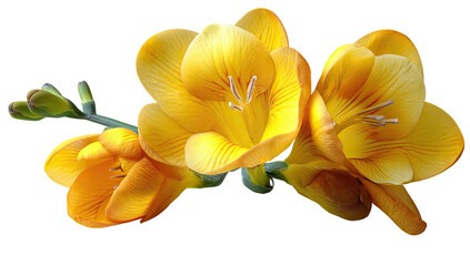 Close-up of three vibrant yellow freesia flowers, delicate petals