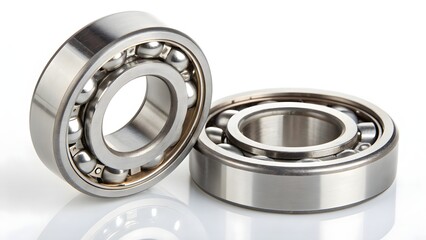 Two silver ball bearings sitting on a white surface in a close up studio shot image view angle