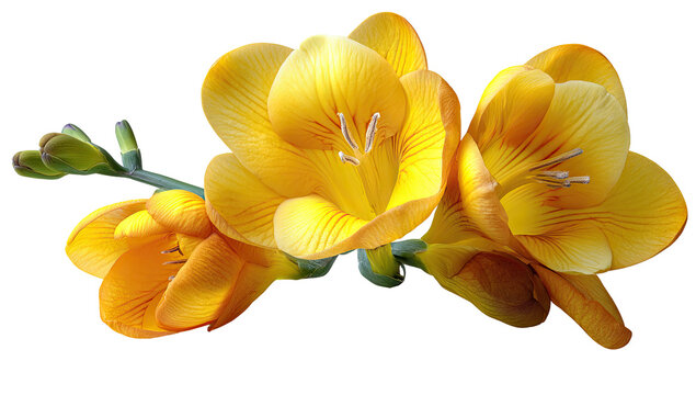 Close-up of three vibrant yellow freesia flowers, delicate petals