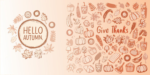 Hello autumn give thanks fall harvest seasonal greetings decorative elements and autumnal icons