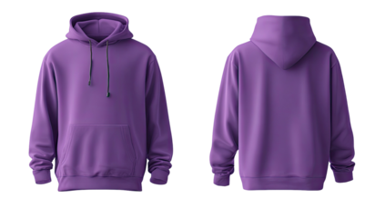 Front and back view of a plain purple hoodie