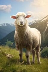 Fototapeta premium Cute sheep in a field on the background of mountains