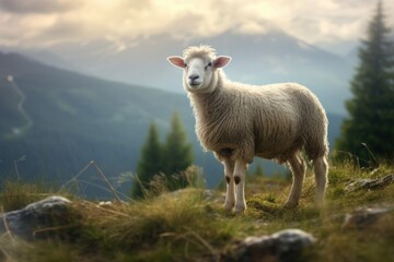 Obraz premium Cute sheep in a field on the background of mountains