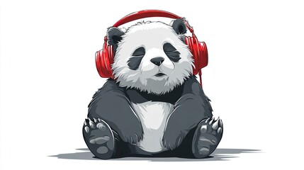 Adorable panda bear with red headphones, eyes closed, enjoying music