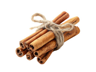 Aromatic cinnamon sticks bundle tied with twine, Isolated On White Background, Png Transparent