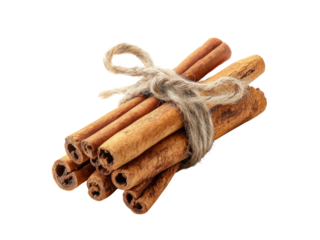 Aromatic cinnamon sticks bundle tied with twine, Isolated On White Background, Png Transparent