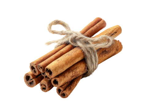 Aromatic cinnamon sticks bundle tied with twine, Isolated On White Background, Png Transparent