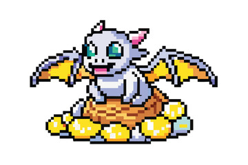 Obraz premium Cute Baby Dragon Pixel Art Pet Companion. Collectible RPG Character Sprite