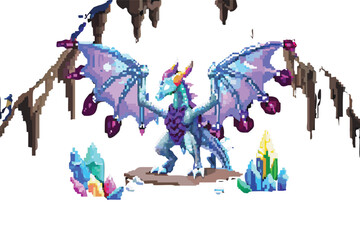 Crystal Dragon Pixel Art Boss Sprite. Legendary Treasure Guardian for RPGs