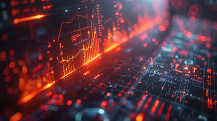 Futuristic holographic display with data visualizations and graphs.