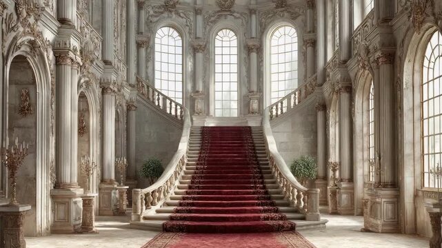 Lavish marble foyer with a grand red-carpeted staircase, ornate columns, and tall arched windows.