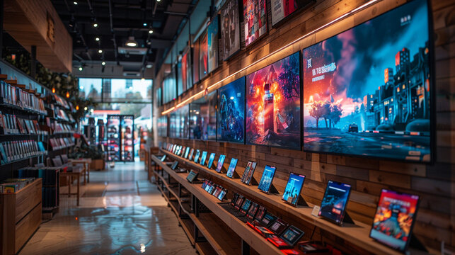Modern store interior showcasing video game and entertainment media displays.