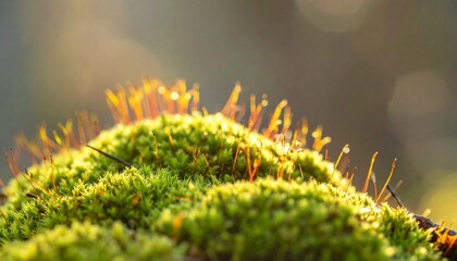Naklejka premium Macro view of moss with tiny sporophytes, glowing softly in natural sunlight