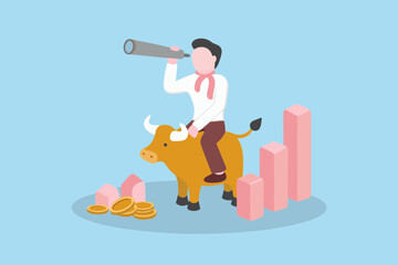 Man riding a bull with a telescope looking towards a bright future surrounded by financial growth charts and coins
