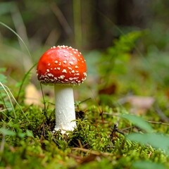 Red toadstool in forest floor