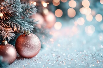 Fototapeta premium Merry Christmas. New Year's decorations in the form of pink balls on the snow, decorated with a garland under the Christmas tree. On a light background with a bokeh effect. Close-up. Copy space