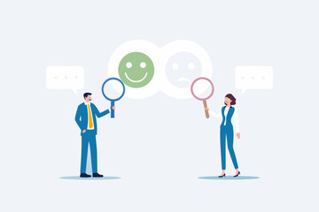 Business people analyzing customer feedback with magnifying glasses showing happy and sad faces