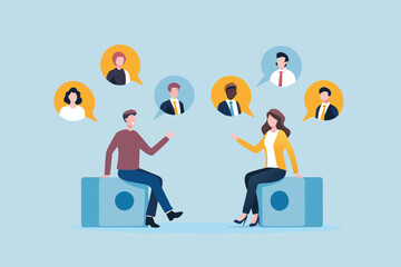 Two people in conversation with diverse colleagues represented in speech bubbles above them