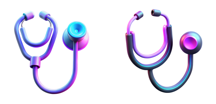 High quality photo of two stylized stethoscopes with vibrant neon colors isolated on transparent background