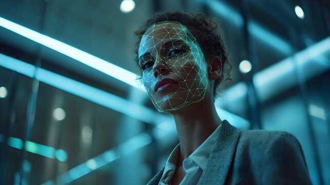 Facial recognition technology demo shows someone in a sleek lobby with glowing LED lights. - Powered by Adobe