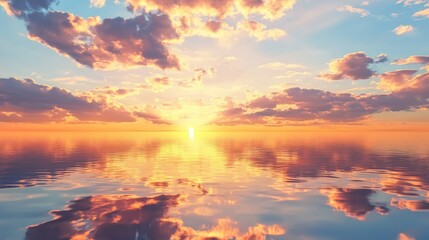 Fototapeta premium Hand-drawn subject in serene sunset sky with clouds, positioned at the top with golden reflections, Ample copy space at the bottom for photos.