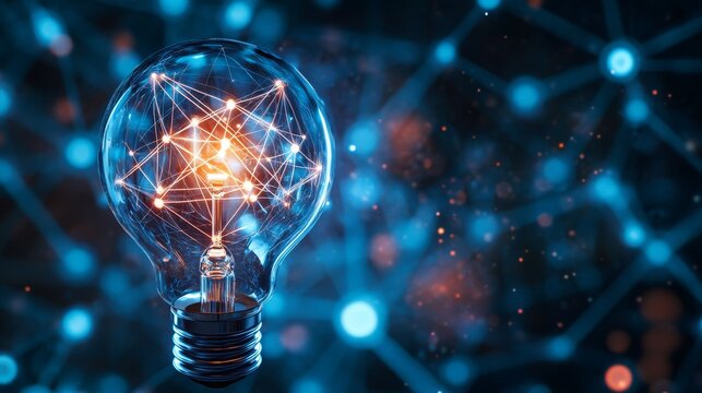 High-tech science illustration of light bulb filament replaced by dynamic atom models, mesh-style networks radiating into dark void