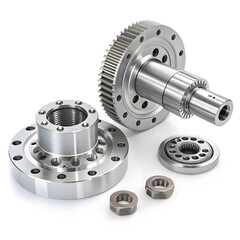 A close up shot of a variety of machined metal parts including gears and threaded components on white