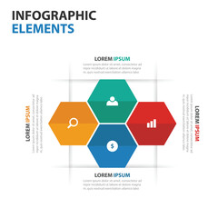 Four colorful hexagons arranged in a diamond shape with icons and text for infographic elements