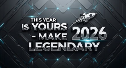 This year is yours make it legendary with rocket ship and futuristic background for year twenty twenty six