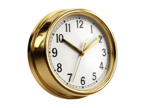 Elegant gold framed wall clock timepiece design, Isolated On White Background, Png Transparent