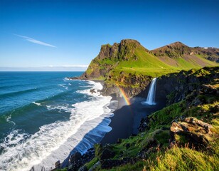 Dramatic coastal landscape with a waterfall and rainbow