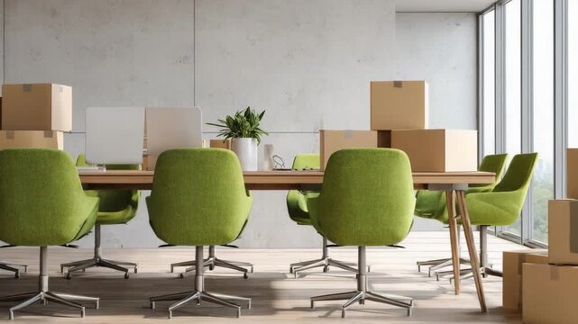 A modern office conference room with green swivel chairs, a long table, and stacks of cardboard boxes around, plus a plant.
