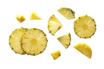 Sliced pineapple segments scattered on transparent background