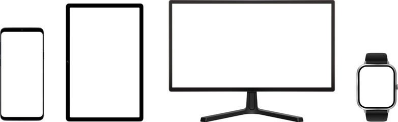Monitor, smartphone, tablet and smartwatch device screen mockup isolated on white.