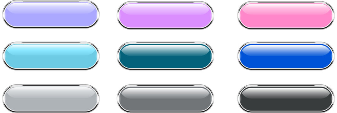 Shiny buttons set, glossy isolated icons with metallic chrome frames.