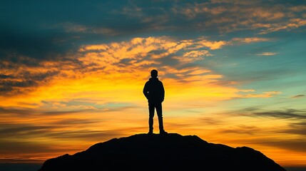 Subject silhouette at the top against a beautiful textured sky with clouds at sunset, Ample copy space at the bottom for text.