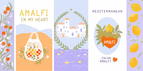 Amalfi coast mediterranean travel art with lemons oranges and coastal village scenes