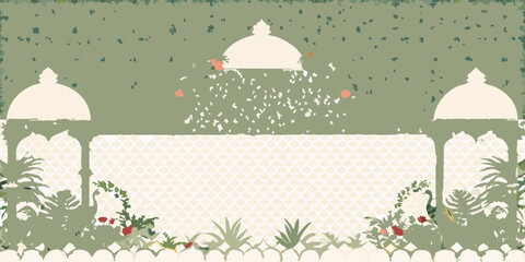 Tranquil indian garden pavilion with lush foliage and floral accents under a patterned sky