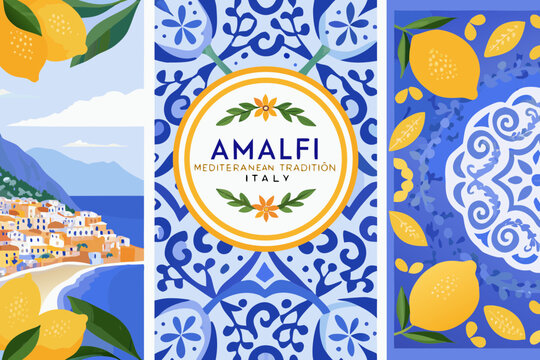 Amalfi coast italy mediterranean tradition with lemons and blue tiles illustration