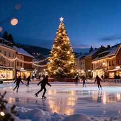 Festive snowy town square on Christmas Eve with a beautifully decorated Christmas tree glowing with golden lights. People ice skating on an outdoor rink surrounded by charming houses and holiday decor