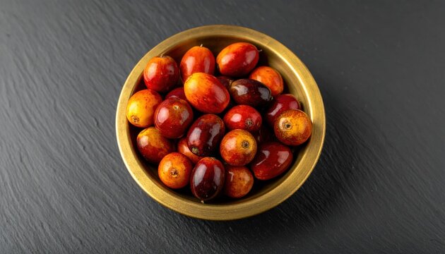Pejibaye peach palm drupes nestled in a shallow bowl on slate satin reds and olives refined tropical produce study for editorial culture cuisine and branding backgrounds