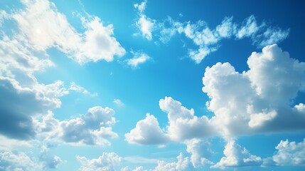 Subject standing at the bottom of the image, admiring the blue sky with fluffy white clouds on a sunny day, Ample copy space at the top for text or design elements.