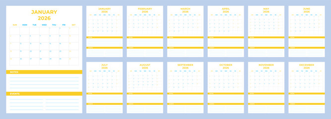 2026 Calendar template, layout monthly pages set. Week starts on Sunday minimalist 12 month planner for the year.