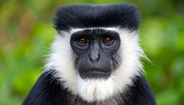 A captivating close-up of a majestic black and white colobus monkey, gazing directly